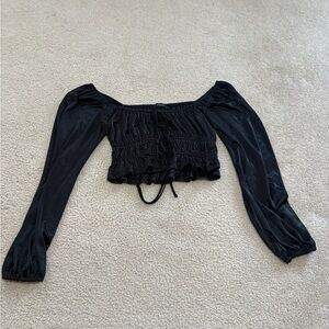 Black Off-Shoulder Long Sleeve Smocked Crop Top